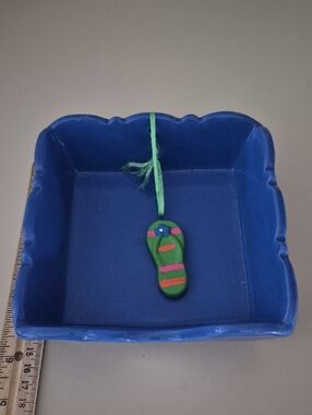 Blue Ceramic Napkin Holder Trinket Dish with Green Flip-Flop Charm